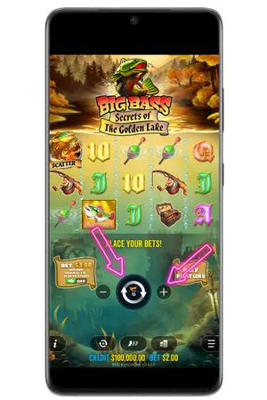 Place a bet in the Big Bass secrets of the Golden Lake slot demo