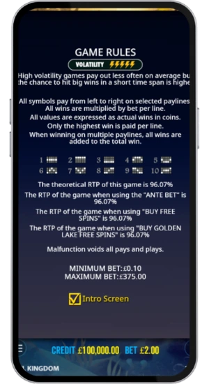 Rules screen showing RTP and volatility
